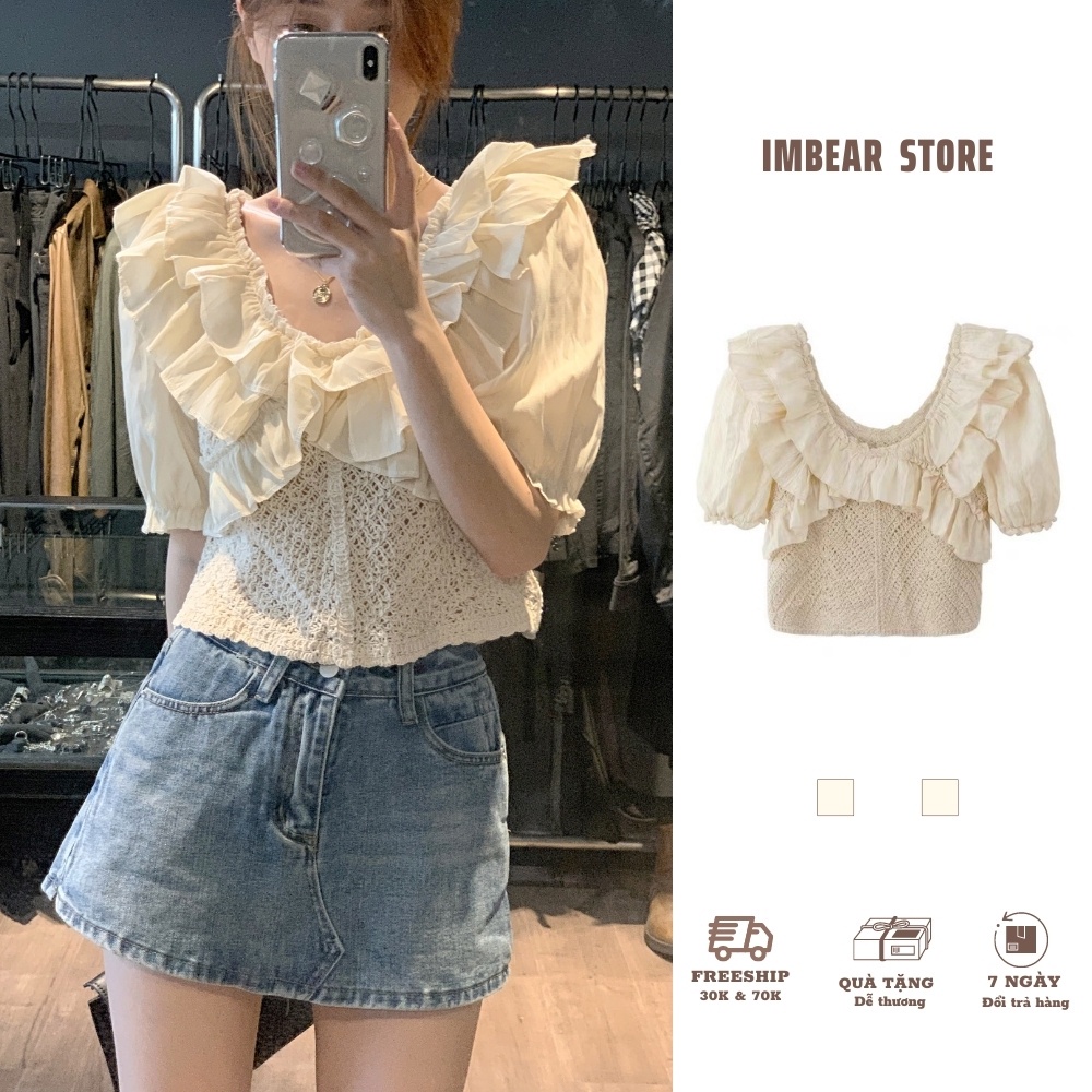 Áo sơ mi kiểu nữ tay bồng nhún bèo xinh xắn áo sơ mi croptop len đan dày dặn phong cách cổ điển IMBEAR STORE