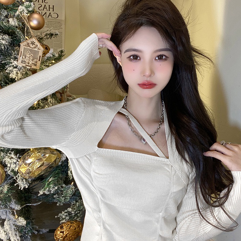 Áo Sweater Dệt Kim Tay Dài Cổ Vuông Màu Sắc Đơn Giản Phong Cách Hàn Quốc Thời Trang Cho Nữ