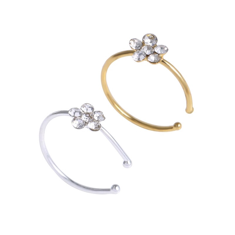 Bộ 2 vòng kẹp mũi/tai giả khuyên xỏ bằng thép không gỉ hình hoa đính đá dành cho bạn nữ