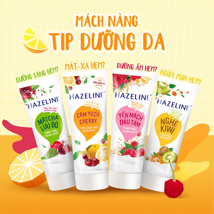 SRM SỮA RỬA MẶT HAZELINE TUÝP 100G/ 170G hương Nghệ Kiwi/ Nghệ Hoa cúc/ Tràm trà/ Yến mạch dâu tằm/ Cam Cherry/ Matcha
