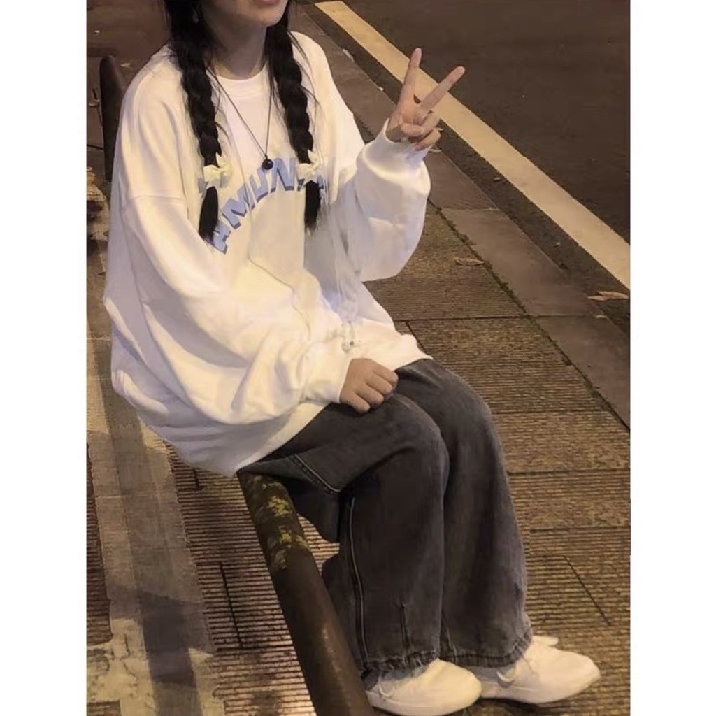 Áo Dài Tay Chữ Xanh Hmuntis CELINA BOUTIQUE Áo Nỉ form rộng tay bồng kiểu dáng dài oversize ulzzang đẹp