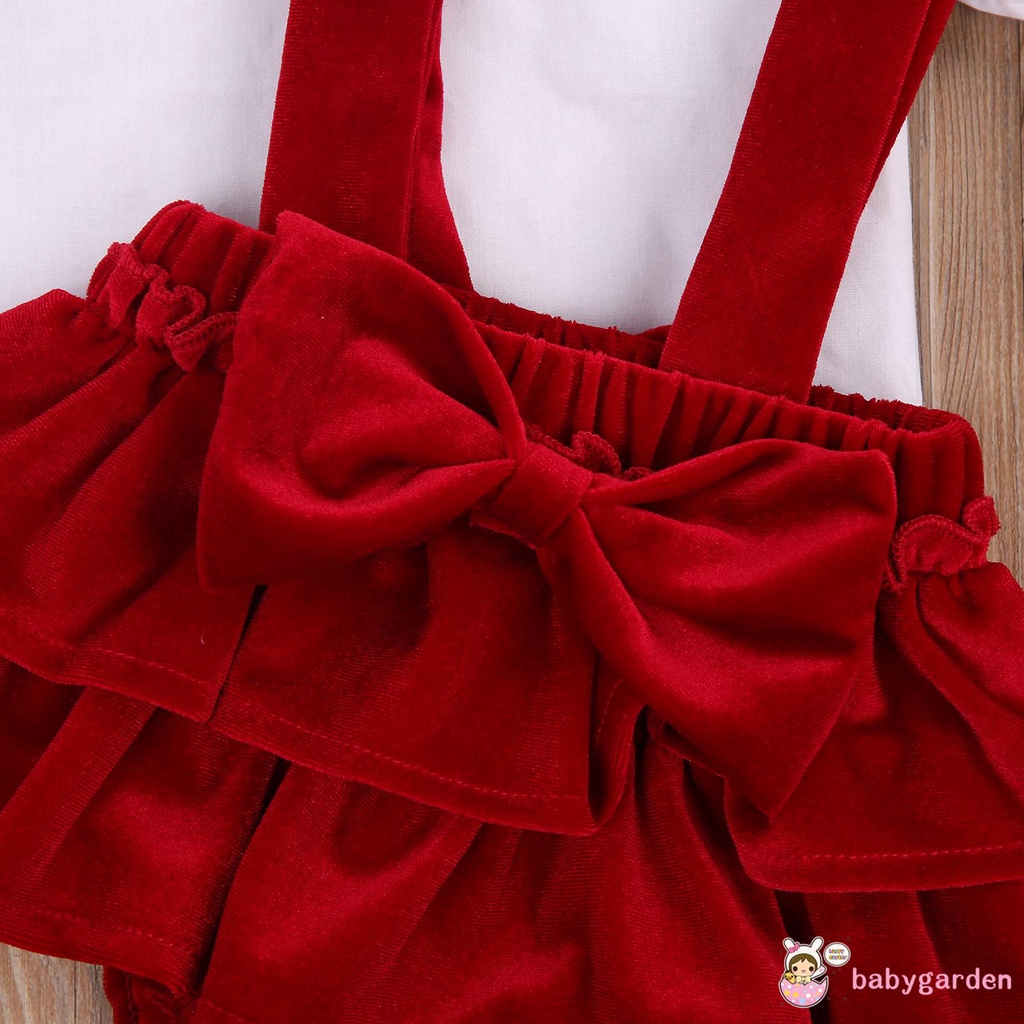 Bộ áo thun tay dài cổ ren màu trơn + quần yếm ngắn + băng đô nơ dễ thương cho bé gái