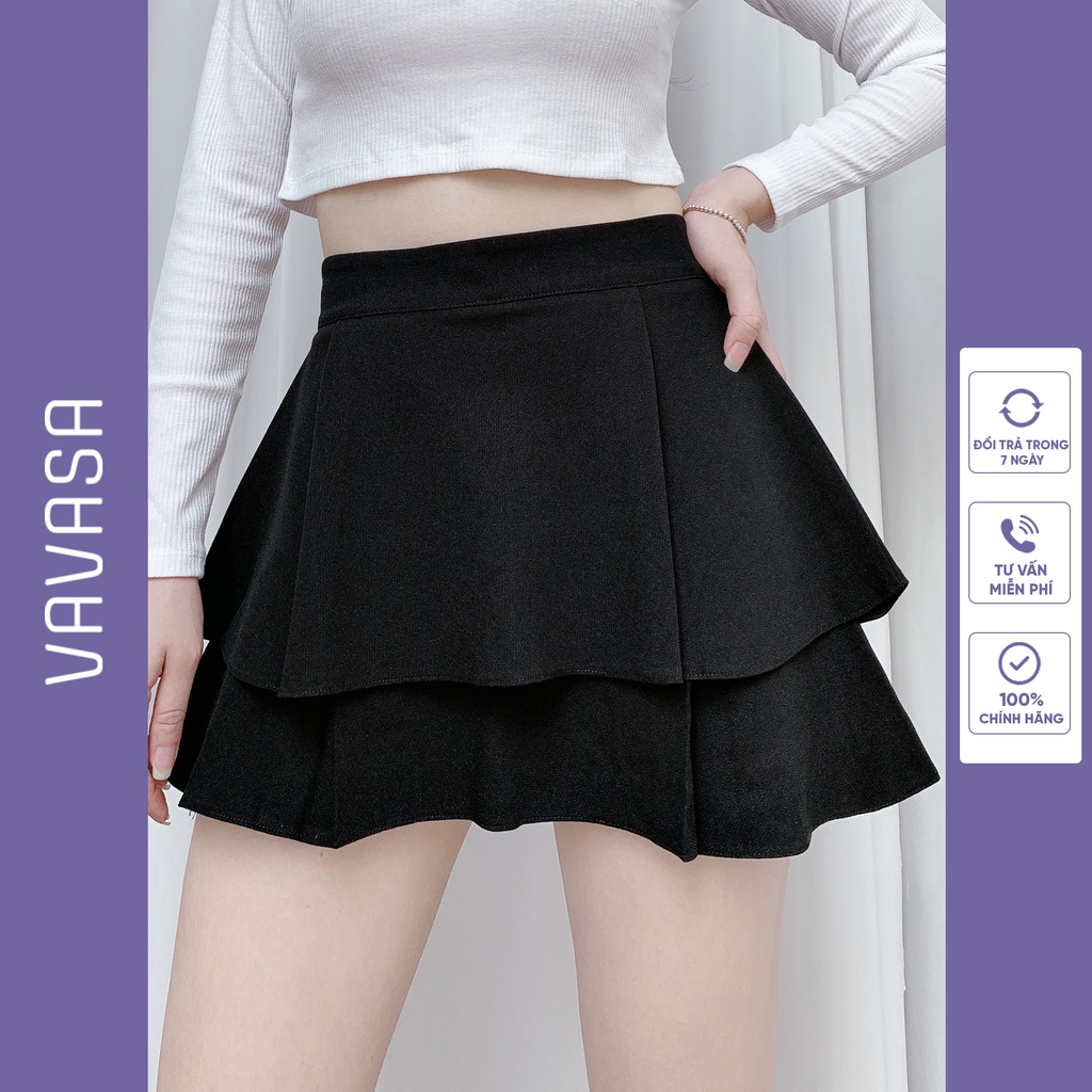 Chân váy 2 tầng ngắn đen có quần lót trong chống lộ dáng xòe ôm cạp chun lưng thun vải co giãn công sở VAVASA CV19