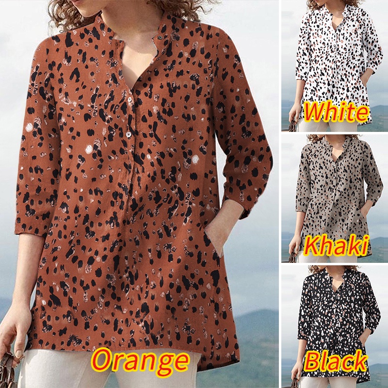 Áo sơ mi ZANZEA dáng rộng tay áo 3/4 cổ chữ v in họa tiết da báo thời trang thường ngày cho nữ