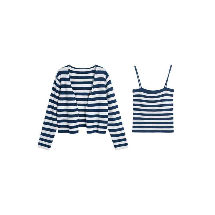Set Áo Cardigan Tay Dài Kẻ Sọc + Áo Hai Dây Ngắn Phong Cách Hàn Quốc Thời Trang Mùa Thu Mới Cho Nữ