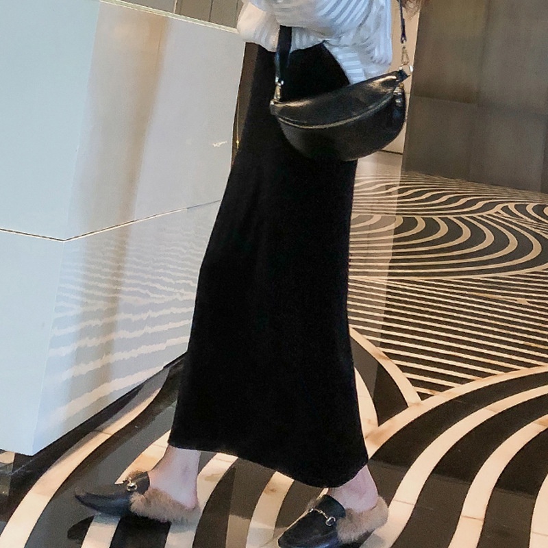 Váy nhung, váy đen, váy dài phong cách hàn quốc, cạp cao, xẻ tà, váy một bước mỏng