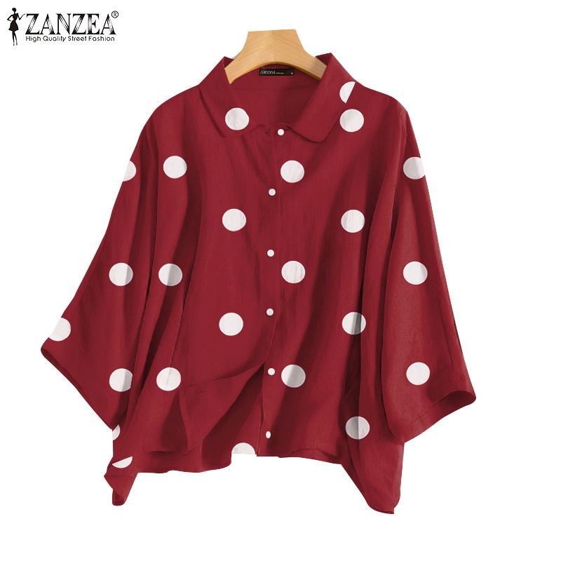 ZANZEA Áo Sơ Mi Nữ Tay Dài Cổ Bẻ Họa Tiết Chấm Bi Thời Trang