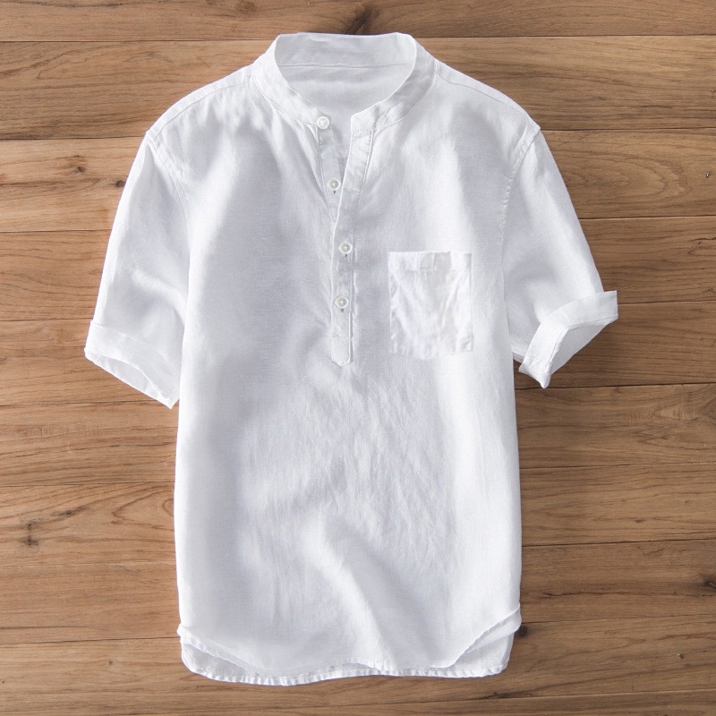 BEFOYI Men's Shirt Short Sleeve Korean Version Loose Casual Button Vertical Tie Pocket Top White Plus Size S-4XL