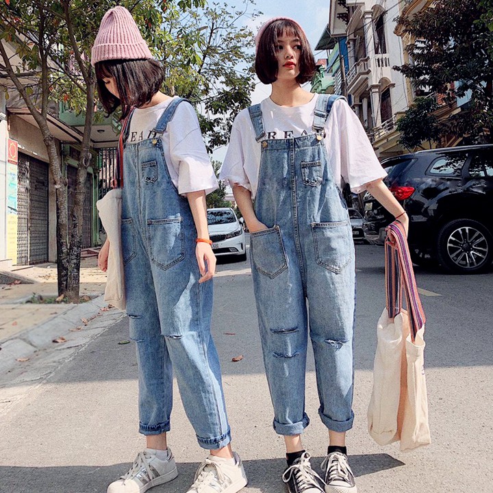 [HÀNG XỊN_CÓ TẶNG QUÀ] Quần Yếm Jean nữ rách màu xanh, vải dày đẹp, không co dãn phong cách Hàn Quốc YL01