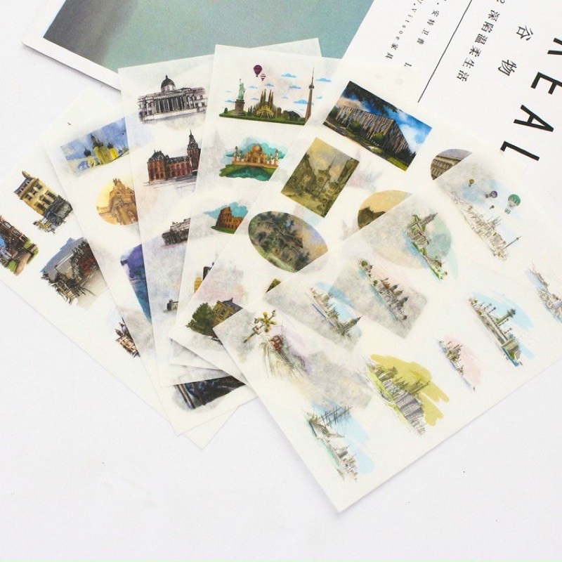 Bộ 6 tấm Sticker Kiến Trúc, nhãn dán trang trí phong cảnh tự cắt