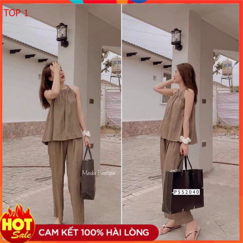 Sét Đũi cổ yếm nâu + quần ống rộng chất đẹp