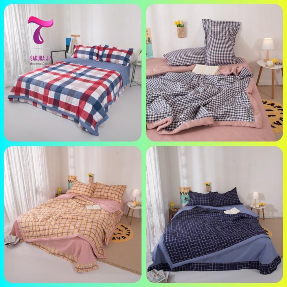 Bộ Chăn Ga Gối Cotton Đũi TC (tici) Chăn 4 Mùa Trần Bông Muji Liền Ruột - Chăn Ga Đũi Trần Bông Mỏng