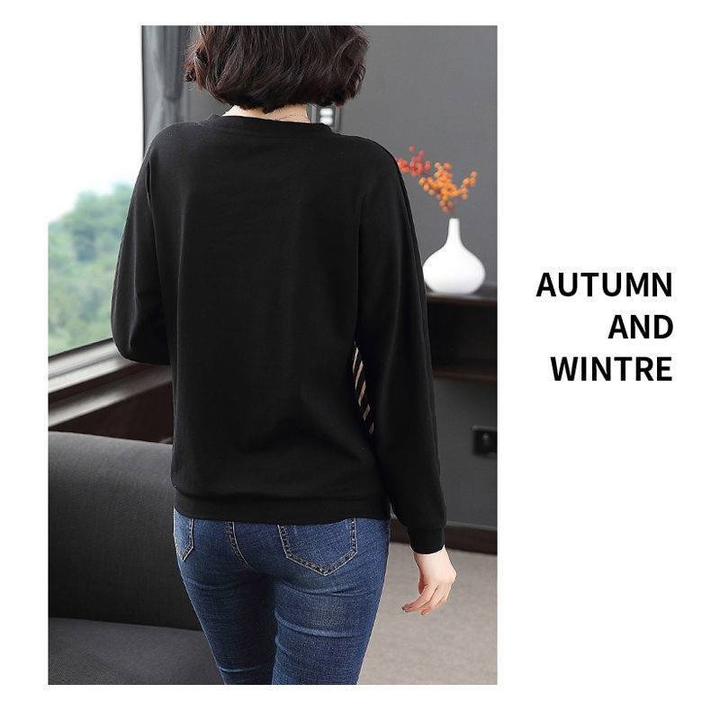 Áo thun tay dài dáng rộng phối nhung dày họa tiết kẻ sọc thời trang cho nữ trung niên