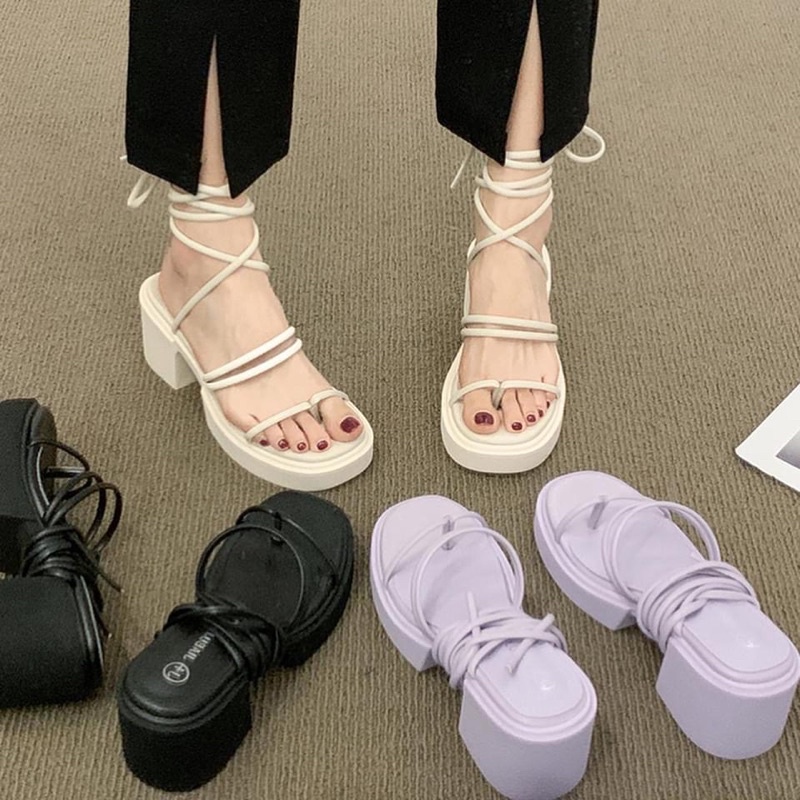 Giày Sandal Buộc Dây Đế Vuông Cao 7cm Dép Xuồng Dây Xỏ Ngón Nữ Tính Mùa Hè