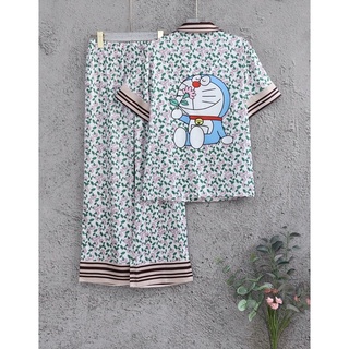 Pijama Doremon cộc dài lá hoa lụa