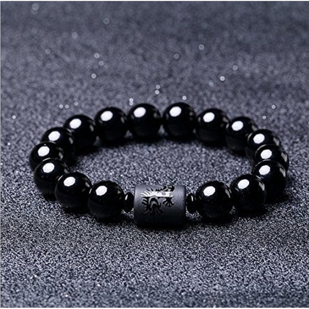 Vòng Tay Đá Obsidian Tự Nhiên 12mm Hình Rồng Độc Đáo