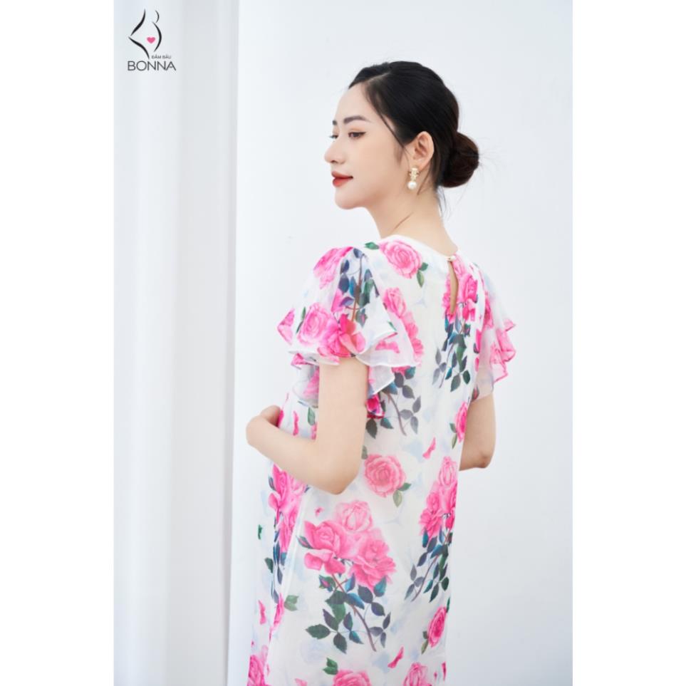 Váy bầu suông đẹp BONNA vải tơ lót lụa mềm mại, nhẹ nhàng, họa tiết hoa hồng xinh xắn, có nơ đính ngực nữ tính VS001 ZQI