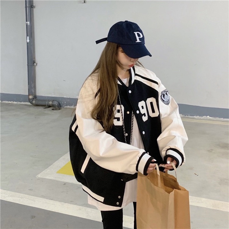 Áo bomber 1990 Áo Khoác Bóng Chày Chất Nhung Tăm Màu Đen Nâu Phối Thể Thao