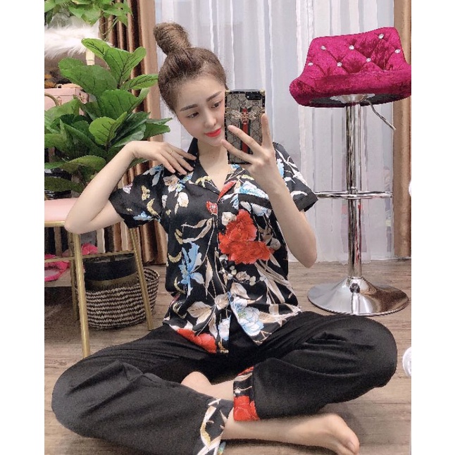 Bộ satin dài cộc phối màu