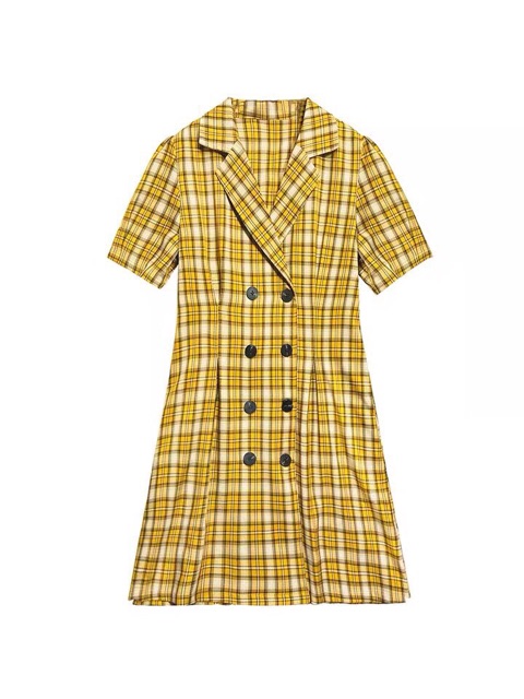 Đầm cổ vest caro vàng phối nút xb