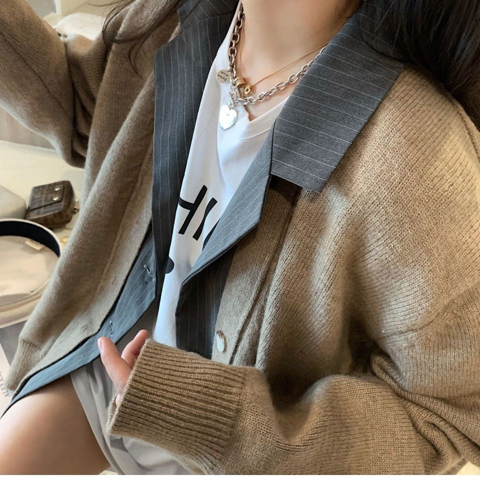 Áo Khoác Cardigan Giả Hai Lớp Dáng Rộng Thời Trang Xuân Thu Cho Nữ