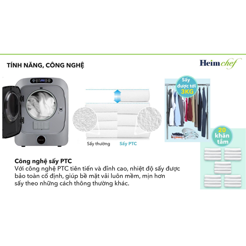 Máy sấy quần áo mini Heim Chef HCD-301UPR [hàng nội địa Hàn]