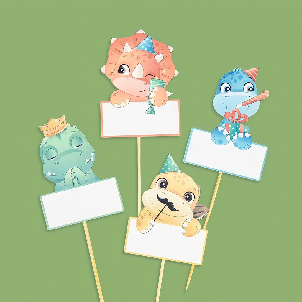 Phụ kiện trang trí bánh sinh nhật, bánh kem - Set thẻ cắm giấy khủng long, em bé