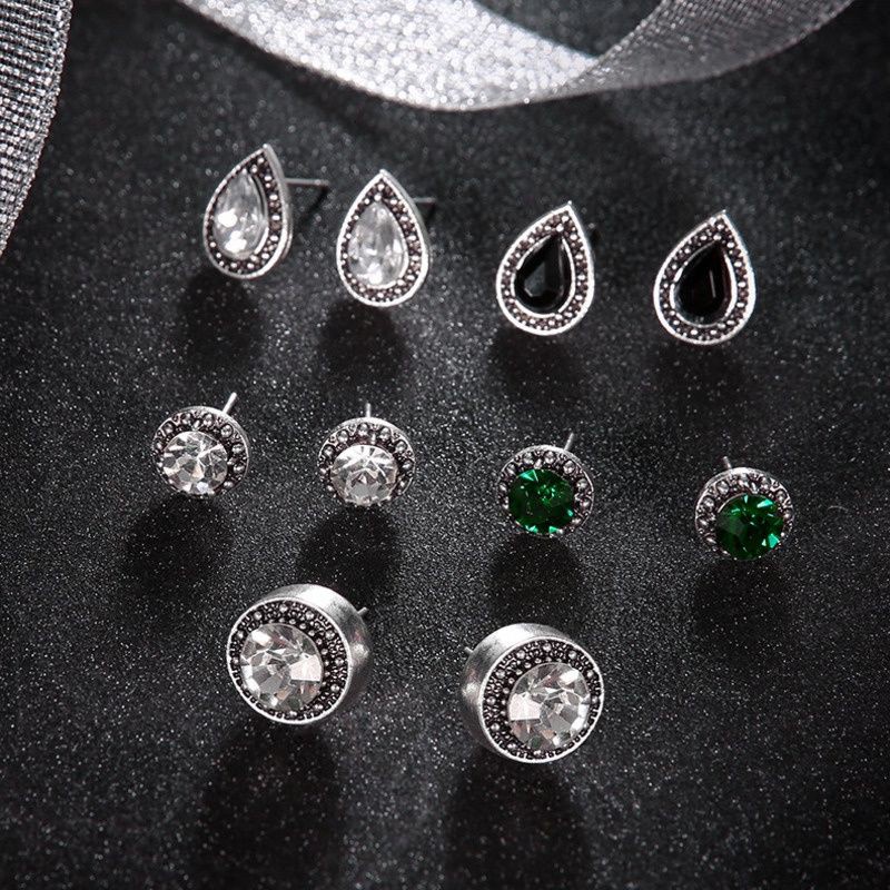 5 Đôi khuyên tai đính đá pha lê nhiều màu trắng / đen phong cách boho cá tính