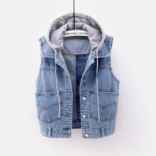 Áo Khoác denim Không Tay Có Mũ Trùm Dáng Ngắn Thời Trang Xuân Thu Hàn Quốc Mới 2020 Cho Nữ