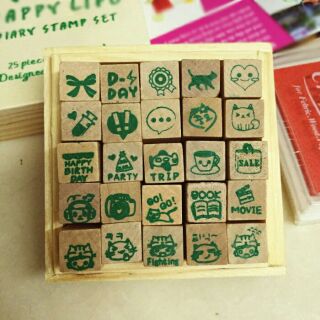 Bộ 25 con dấu gỗ Happy Life (kèm khay mực dấu đỏ 4*4cm)