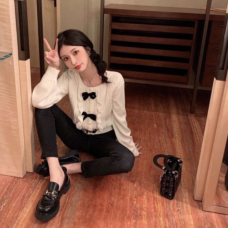 Áo sweater ZHELIHANGFEI dệt kim phối nơ màu đen phong cách phương tây dễ phối đồ dành cho nữ