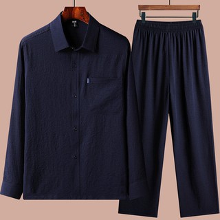 Middle- áo sơ mi dài tay dành cho người già và lớn tuổi, bộ quần cotton lanh mỏng nam, nam rộng rãi mùa hè của b