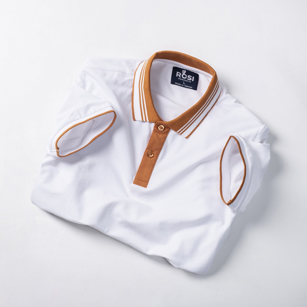 Áo thun nam cao cấp Rosi PL03 cổ polo tay bo ngắn,vải cotton cá sấu phối màu cam trắng,dáng ôm (Slimfit) trẻ trung.