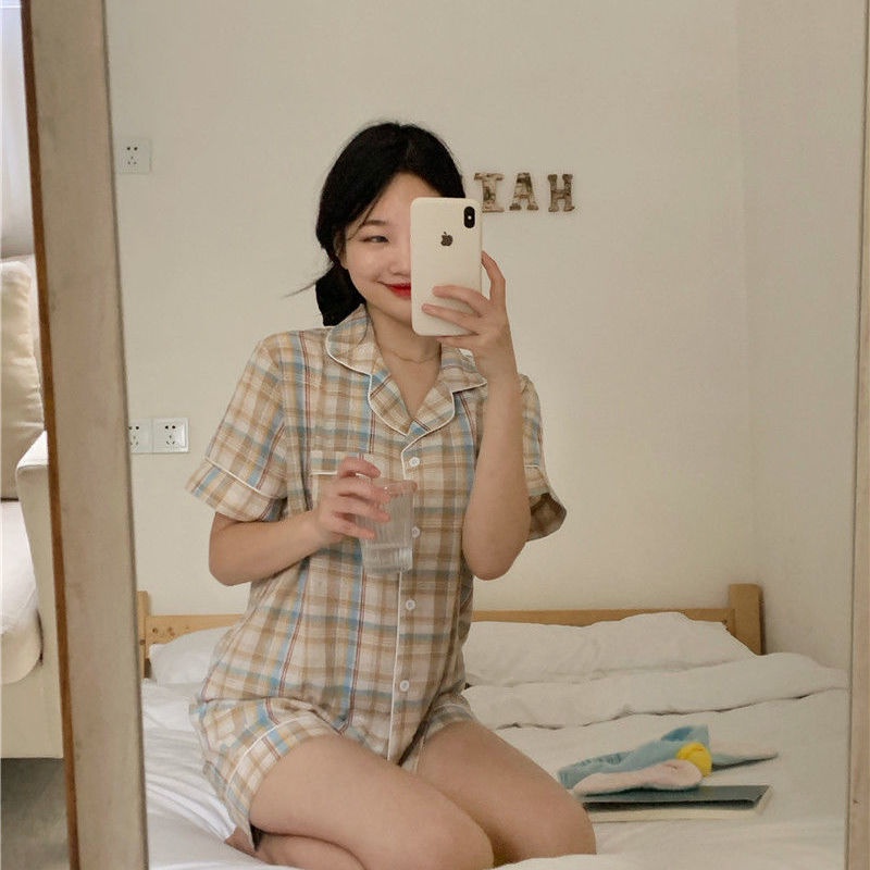 Bộ Đồ Ngủ Tay Ngắn Họa Tiết Sọc Caro Đỏ Dễ Thương Phong Cách Hàn Quốc Thời Trang Mùa Hè Cho Nữ | BigBuy360 - bigbuy360.vn