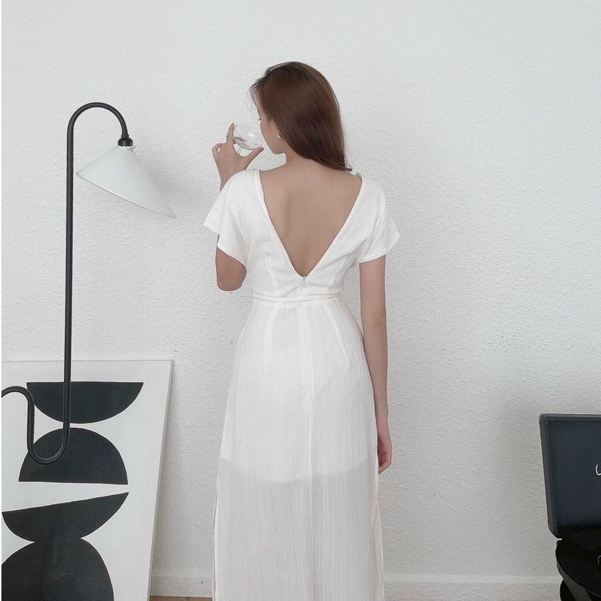 ĐẦM MAXI CỔ TIM THẮT NƠ EO - VÁY TRẮNG ĐEN XẺ TÀ TAY NGẮN – GD216