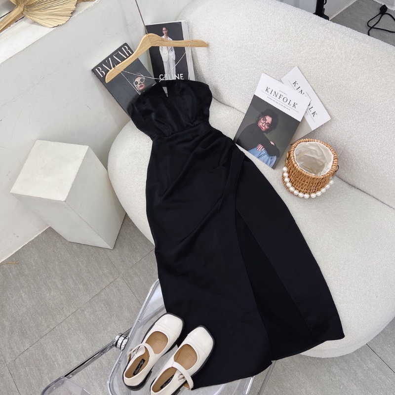 Đầm đi tiệc cổ yếm váy nữ ôm body xẻ đùi dáng dài đi dự đám cưới hẹn hò sang chảnh