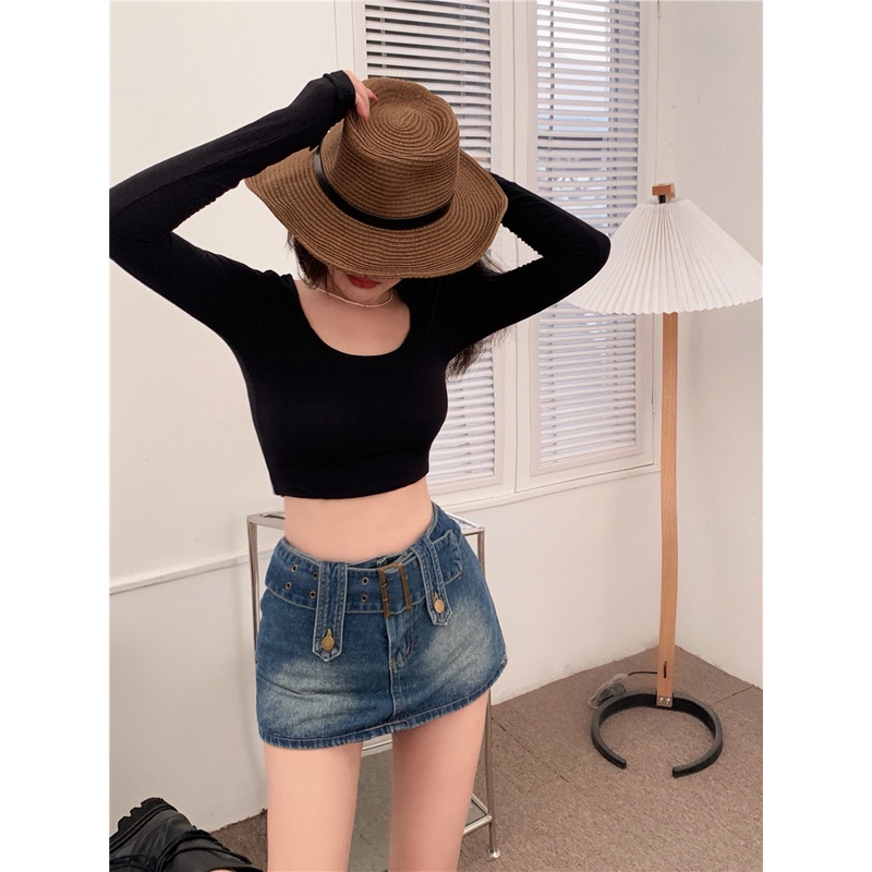 Quần Giả Váy denim Lưng Cao Dáng Ôm Phong Cách retro Cho Nữ