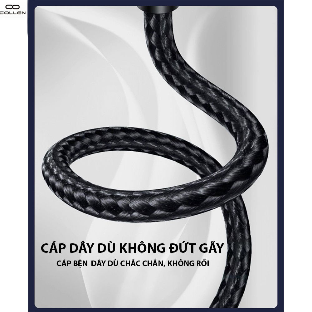 Cáp sạc nhanh COLLEN cho IPchuyên dụng gaming đầu ngang có đèn led ,bọc dây dù chống đứt,chống gãy gập