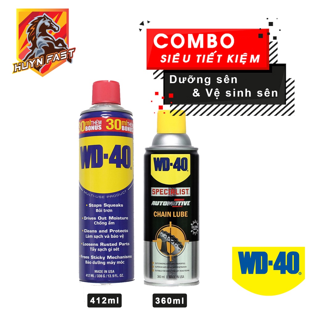 COMBO WD-40 Xịt Vệ Sinh Đa Năng 412ml + WD-40 CHAIN LUBE Dưỡng Sên 360ml