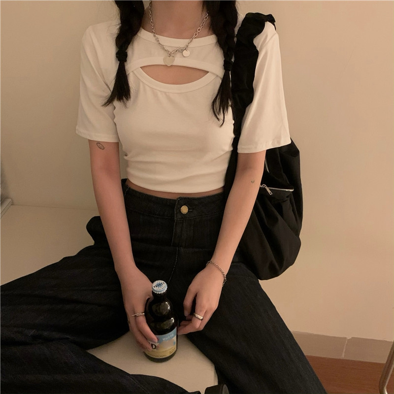 Áo Thun Croptop Tay Ngắn Màu Trơn Cho Nữ