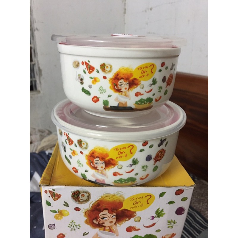 bộ 2 thố sứ xinh xắn có nắp hút chân không
