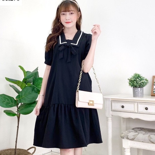 váy suông cộc tay viền cổ trắng thắt nơ đuôi cá chất đũi xinh xắn