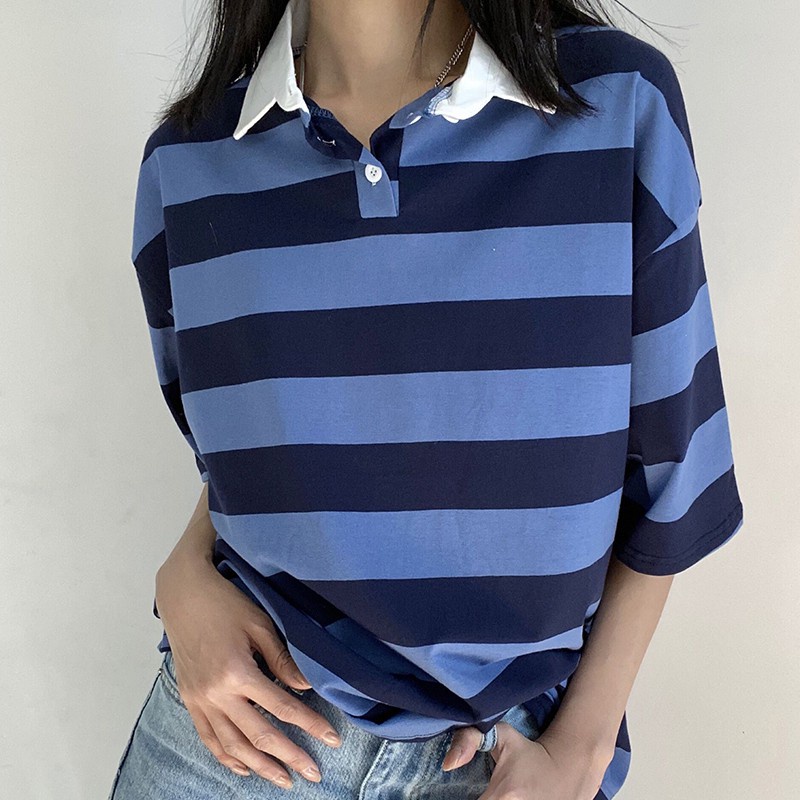 Striped lapel polo shirt Japanese ins cotton short-sleeved T-shirt women loose Korean style versatile bf lazy style top