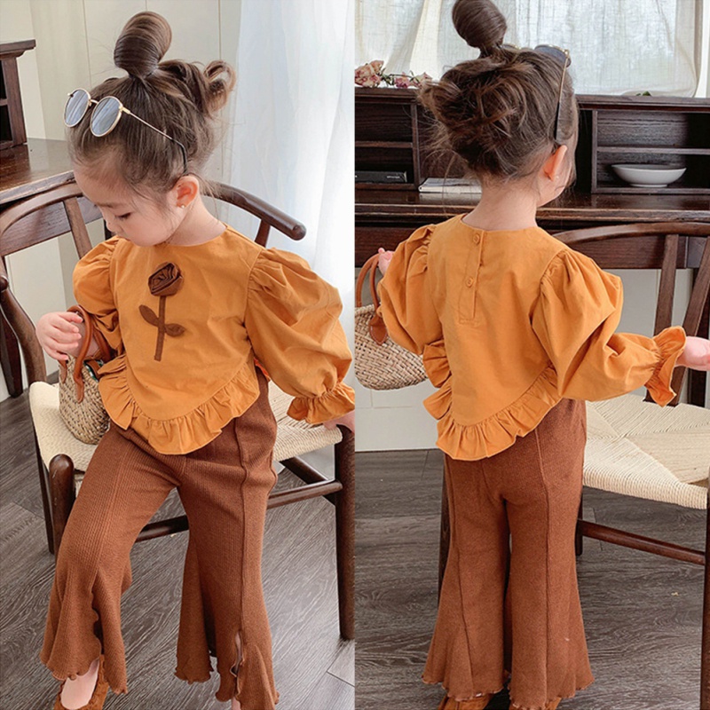 Set Áo Thun Dài Tay In Hoa + Quần Dài Ống Loe Xẻ Tà Thời Trang Mùa Thu Cho Bé Gái