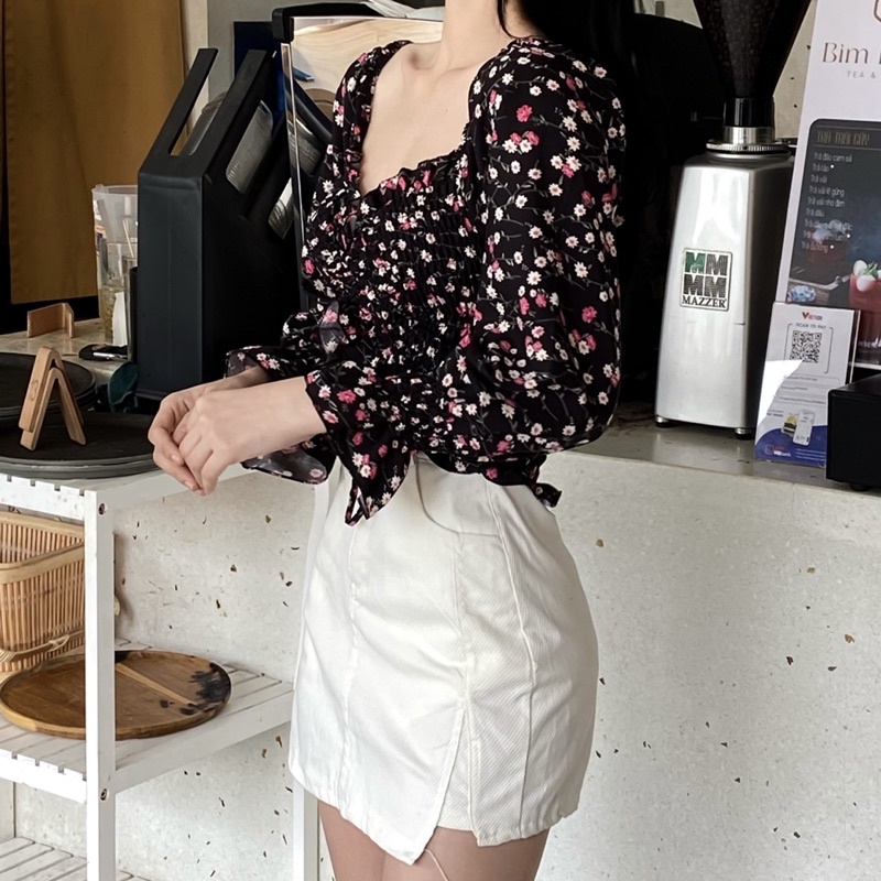 ÁO CROPTOP MÀU SẮC CHIZISHOP TƯƠI TẮN TRẺ TRUNG HOA NHÍ RÚT GIỮA TAY DÀI