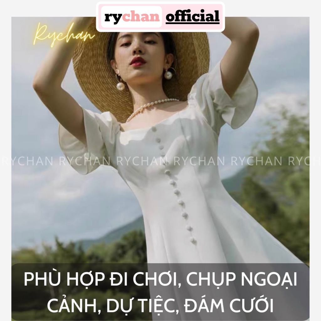 Đầm Trắng Xòe Midi Dáng Dài Cổ Vuông Nút Bọc (Hàng 2 Lớp), Đầm Trắng Dự Tiệc, Đầm Đi Đám Cưới - DX0141