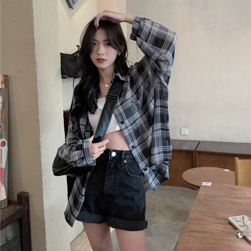 Áo sơ mi chiffon SUXI tay dài họa tiết sọc caro thời trang mùa hè cho nữ