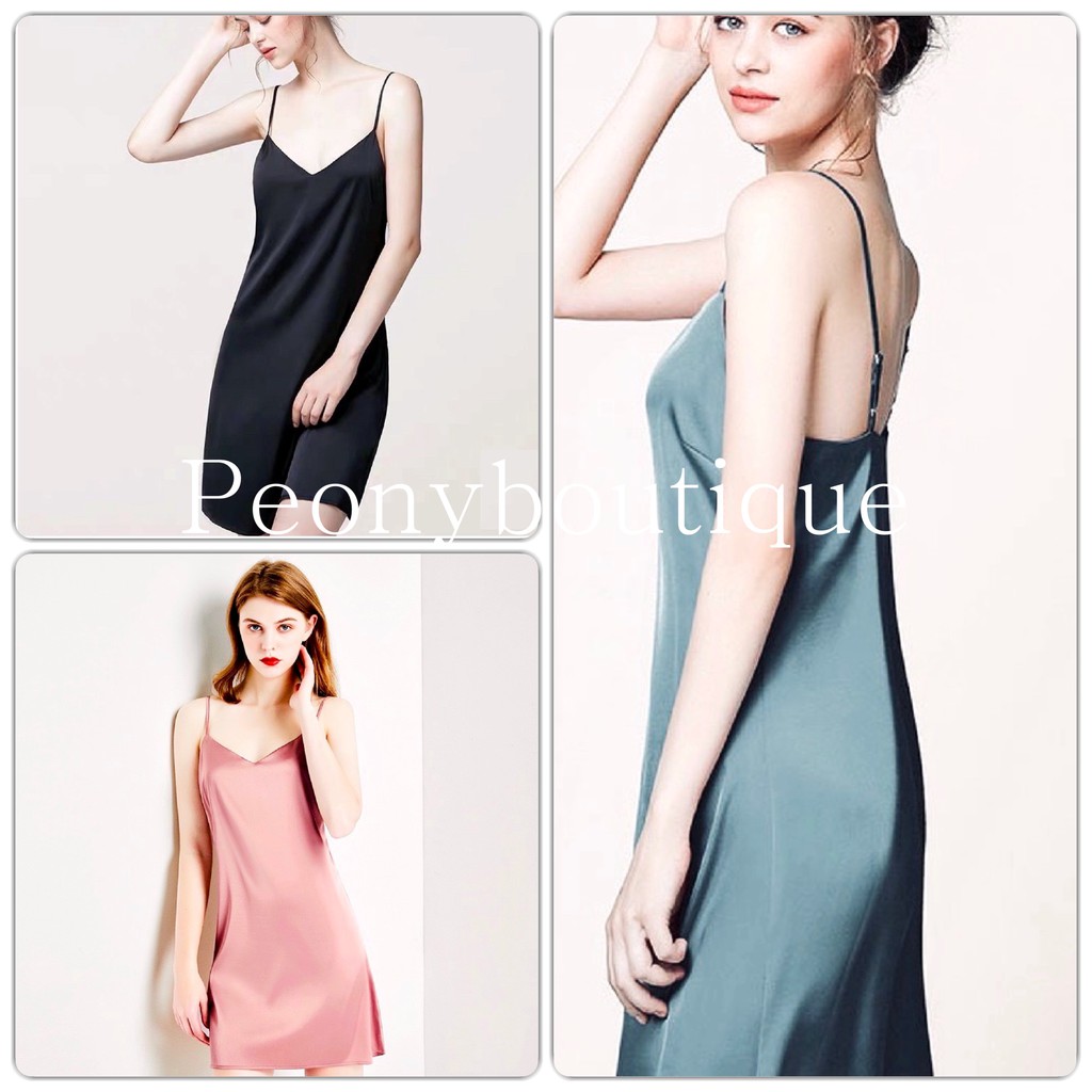 Váy Ngủ 2 Dây Lụa Trơn PEONYB Nữ  Đầm 2s cổ tim dáng suông ôm tiểu thư màu ĐEN | HỒNG | XANH Ulzzang