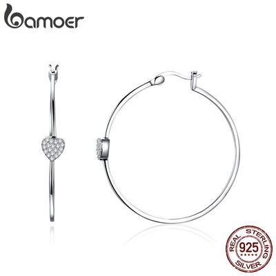 Bamoer Bông Tai Bạc 925 Hình Tròn Lớn Họa Tiết Trái Tim Thời Trang Cho Nữ sce518