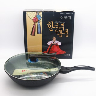 Chảo Chống Dính Siêu Bền Sâu Lòng Đá Coopia Hàn Quốc có nắp kính size 32cm (Tặng Muỗng Gỗ)